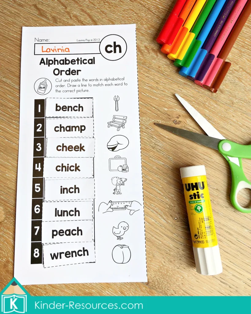 CH Digraph Worksheets and Activities Alphabetical Order Cut and Paste Worksheet