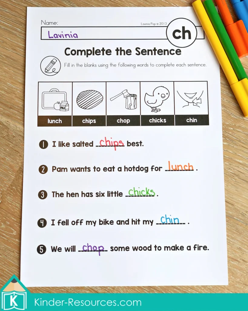 CH Digraph Worksheets and Activities complete the sentence worksheet with word bank including lunch chips chop chicks chin