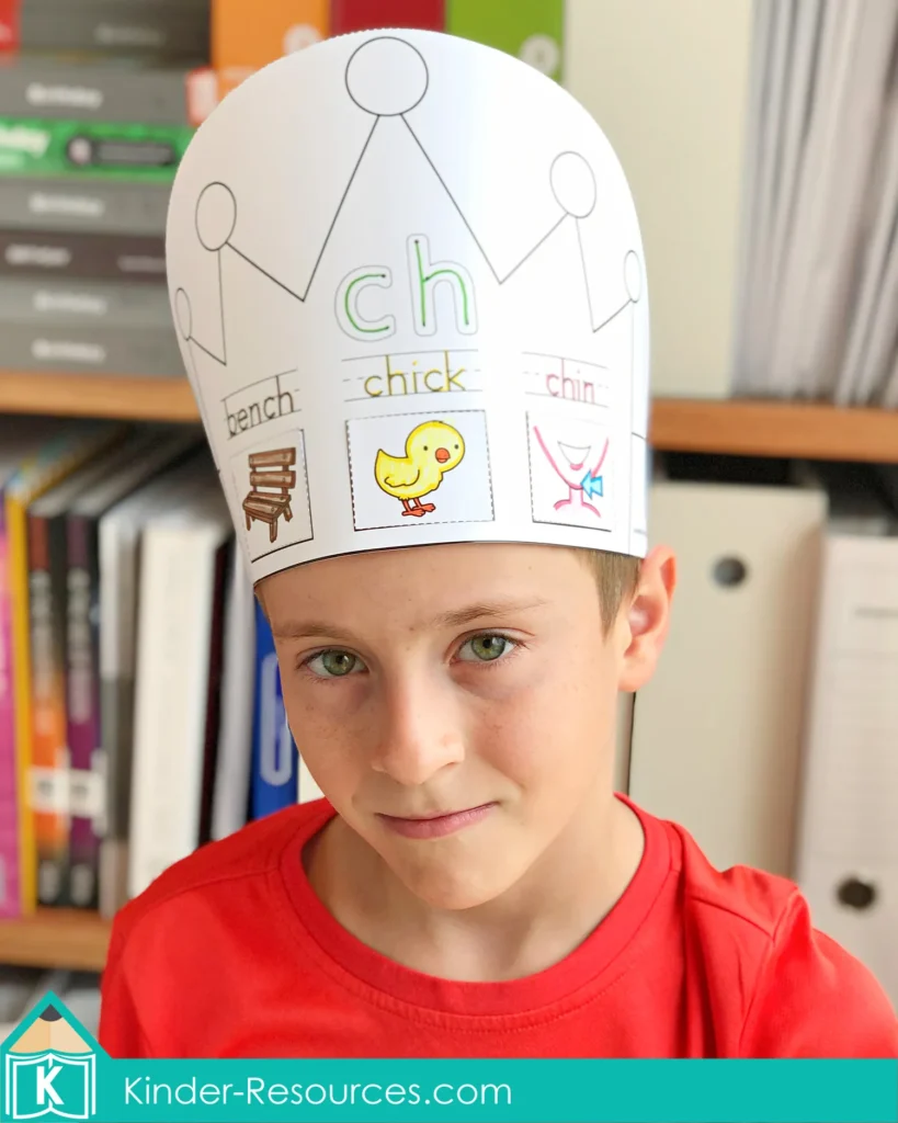 CH Digraph Worksheets and Activities crown craft with ch words like bench chick and chin for phonics review