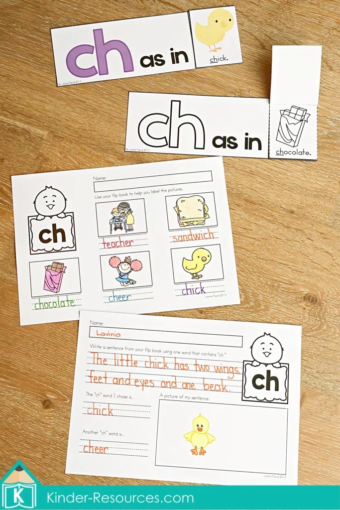 CH Digraph Worksheets and Activities flip book with matching worksheets for reading writing and labeling ch words