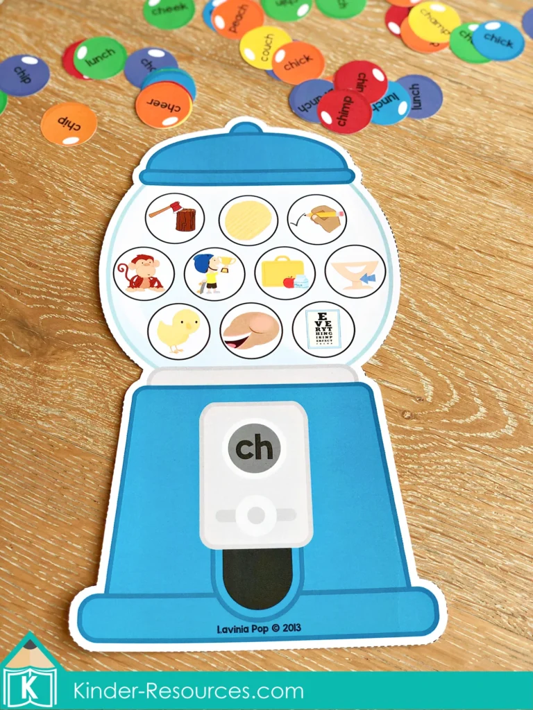 CH Digraph Worksheets and Activities gumball word picture match game with ch words for hands on literacy centers