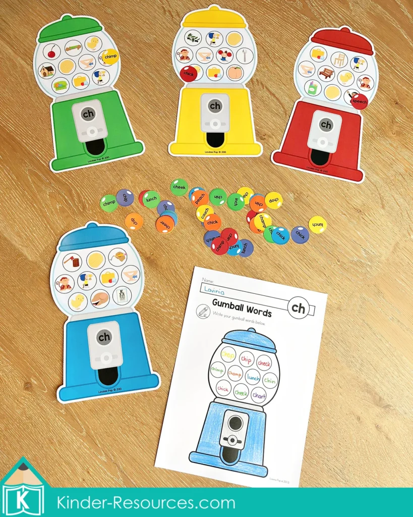 CH Digraph Worksheets and Activities gumball word picture match activity with recording worksheet for phonics centers