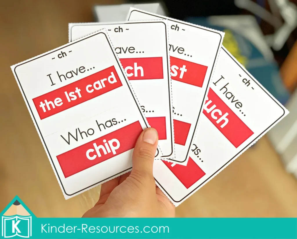 CH Digraph Worksheets and Activities I Have Who Has game cards with ch words for phonics review and group activity