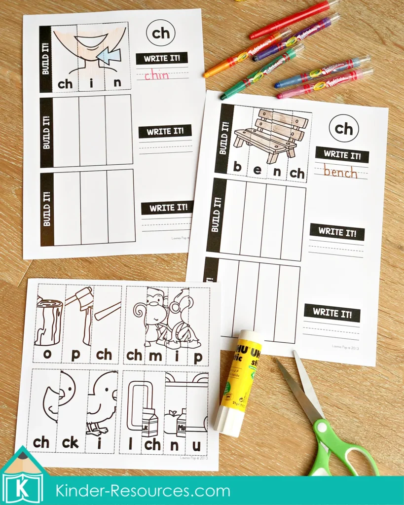 CH Digraph Worksheets and Activities picture scramble cut and paste activity building ch words from mixed letter tiles
