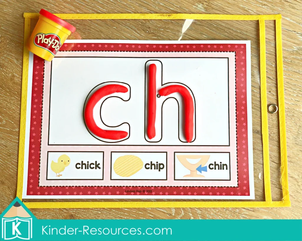 CH Digraph Worksheets and Activities play dough mat forming the letters c and h with words chick chip chin