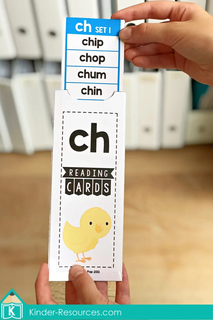 CH Digraph Worksheets and Activities reading slider cards with ch words like chip chop chum chin for blending practice