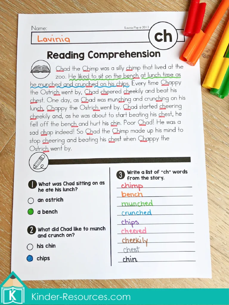 CH Digraph Worksheets and Activities reading comprehension worksheet with ch story and questions highlighting ch words