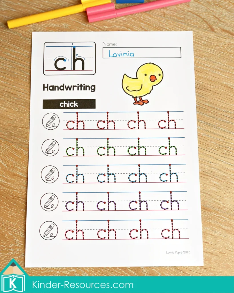 Alt text: CH Digraph Worksheets and Activities handwriting tracing worksheet practicing ch formation with the word chick