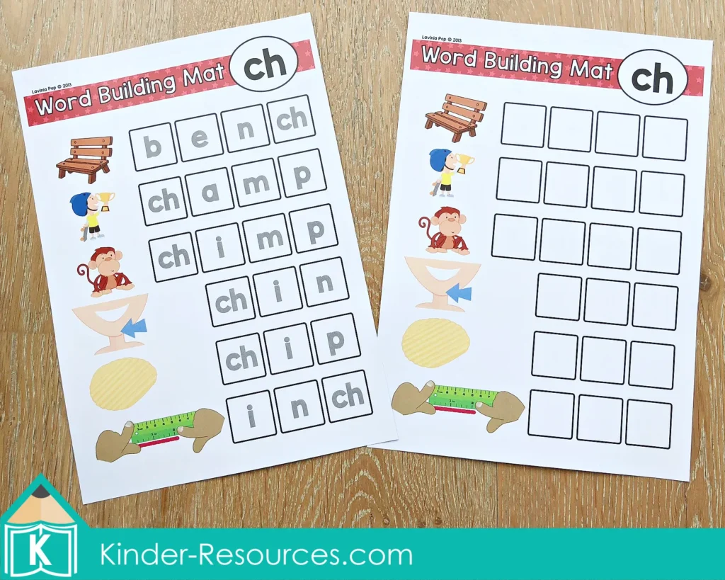 CH Digraph Worksheets and Activities word building mats with ch words like bench champ chimp chin chip inch
