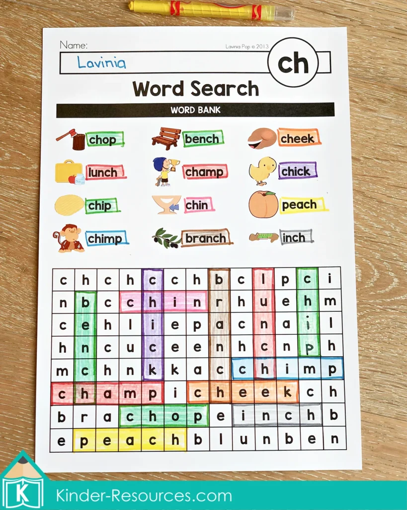 CH Digraph Worksheets and Activities word search worksheet with ch words like chop bench cheek lunch chip chimp