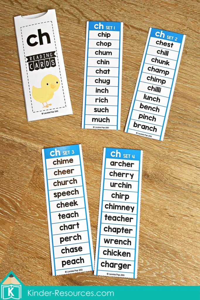 CH Digraph Worksheets and Activities word slider cards set with ch words like chip chop chum chin chat inch rich