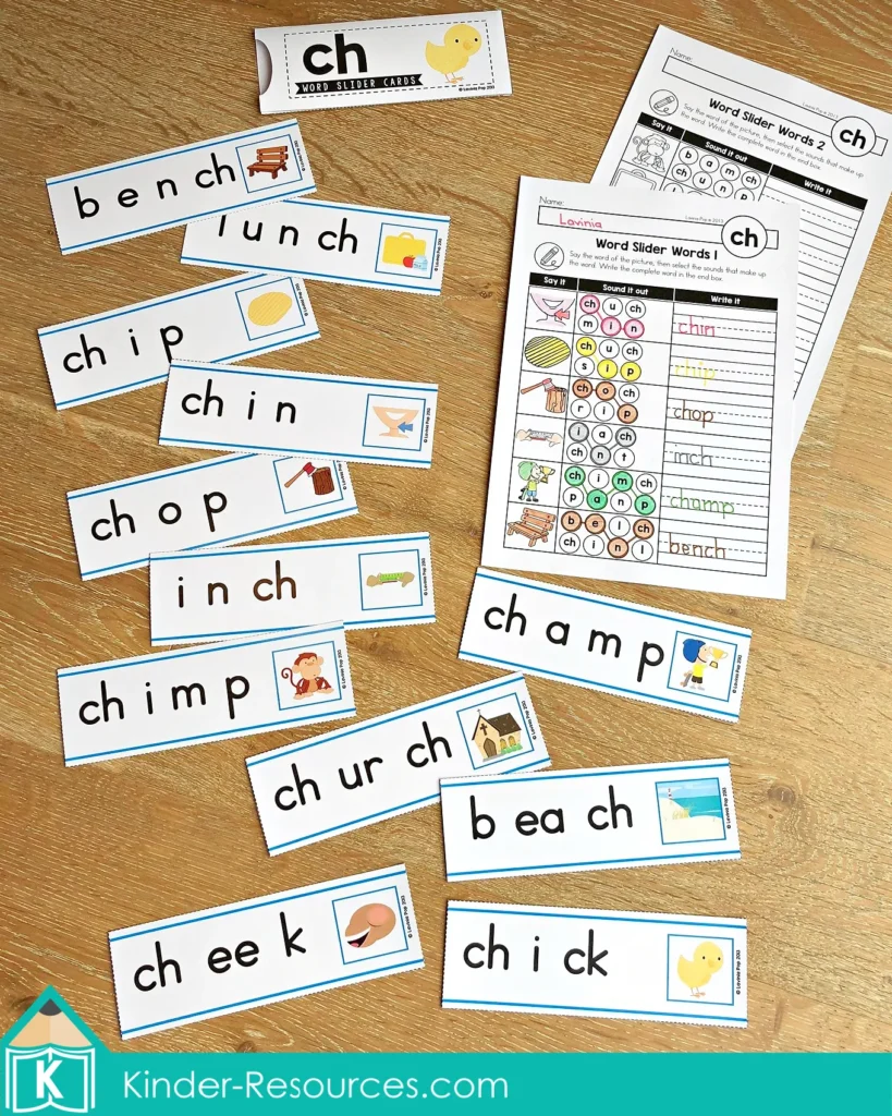 CH Digraph Worksheets and Activities close up of word slider cards showing ch word building progression chip