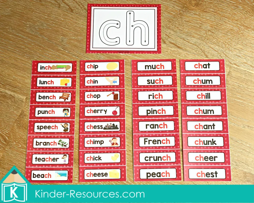 CH Digraph Worksheets and Activities word wall cards with ch words like inch lunch bench punch speech branch teacher beach