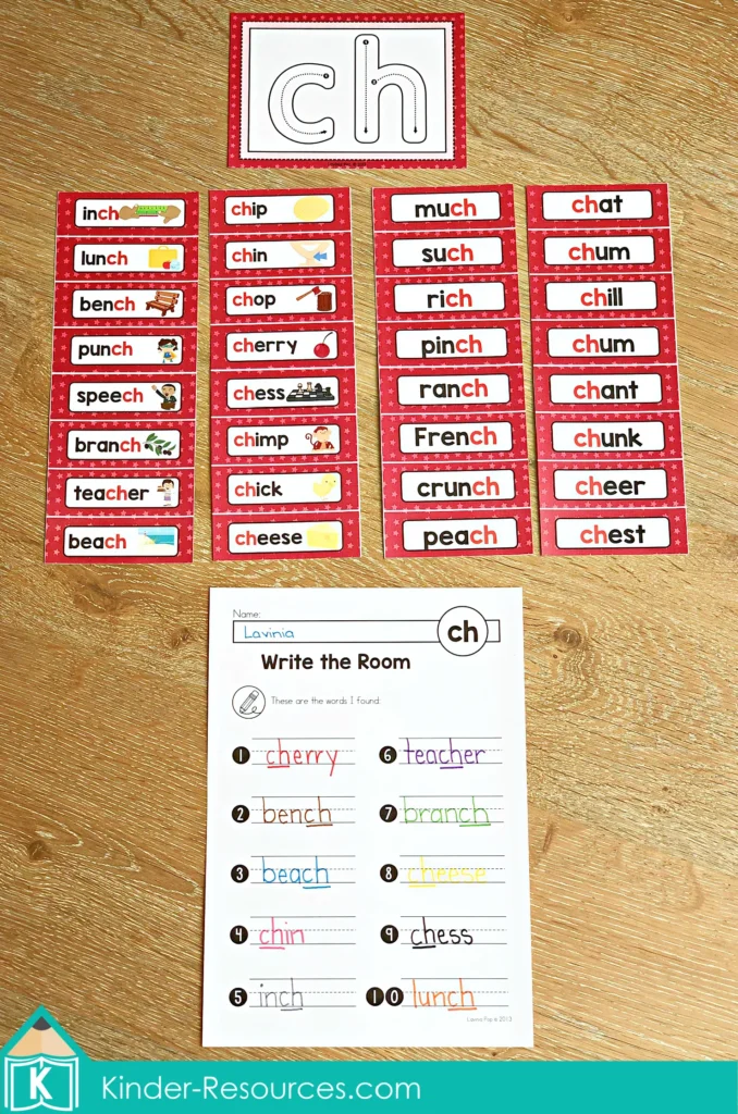CH Digraph Worksheets and Activities word wall cards with write the room worksheet using ch words like cherry bench beach chin