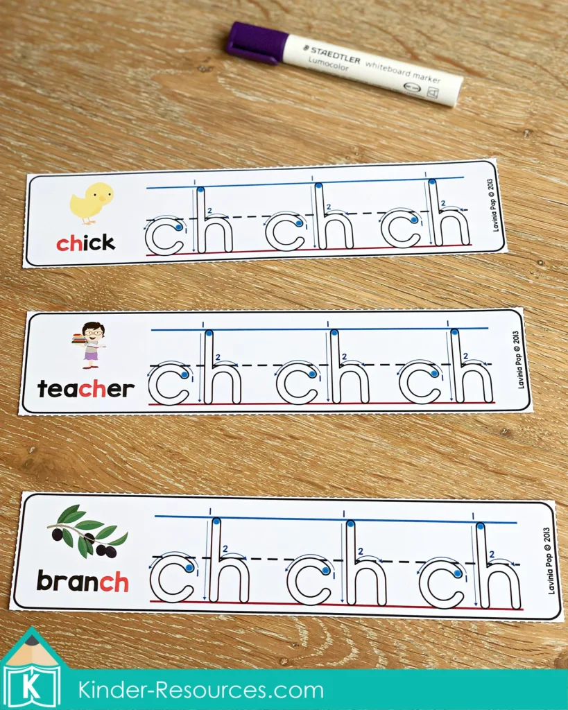 CH Digraph Worksheets and Activities write and wipe card strips for tracing ch words like chick teacher branch with guided letter formation