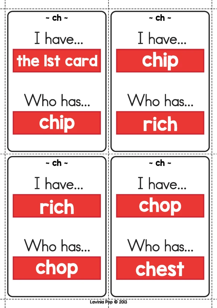 CH Digraph Worksheets and Activities I Have Who Has game cards with ch words like chip rich chop chest for phonics practice