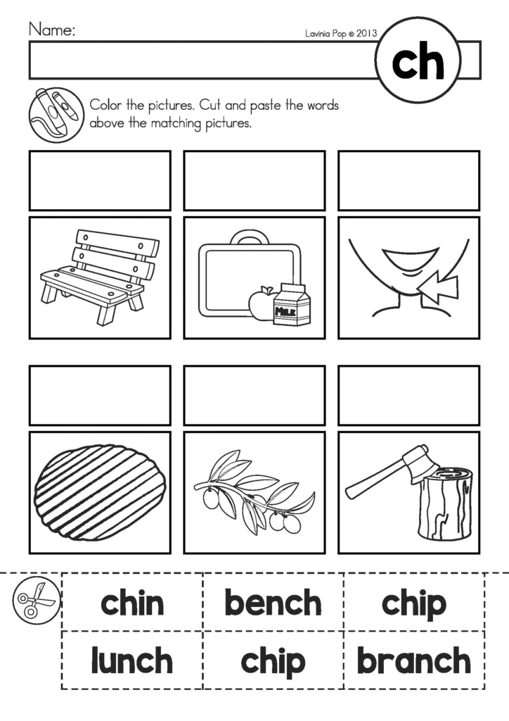 CH Digraph Worksheets and Activities cut and paste worksheet matching pictures to ch words like chin bench chip lunch branch