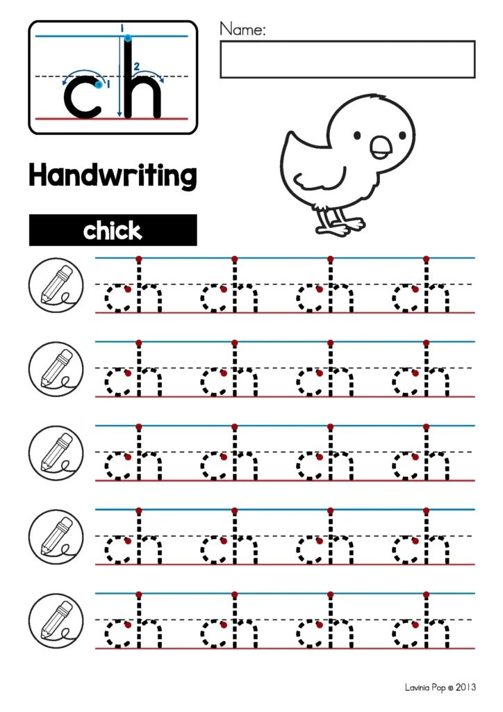CH Digraph Worksheets and Activities handwriting tracing worksheet practicing ch letters and the word chick for early writing skills
