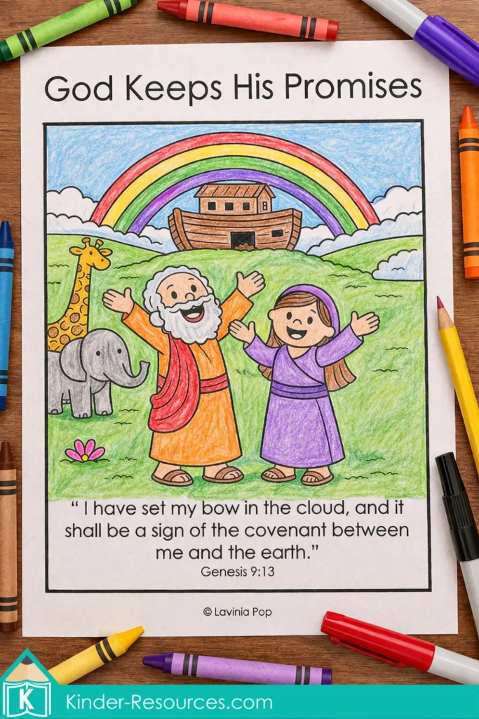God Keeps His Promises Noah’s Ark lesson coloring page with rainbow ark scene and Genesis 9:13 verse