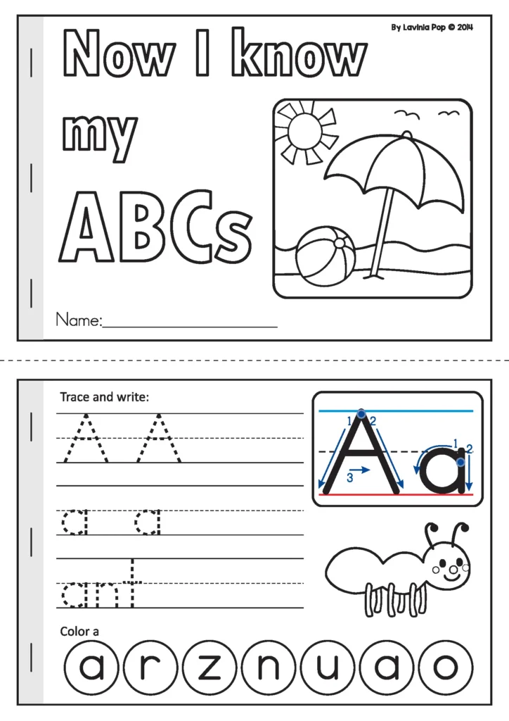 Summer Review Kindergarten Worksheets alphabet booklet letter A tracing page with uppercase and lowercase A, ant picture, and letter recognition circles