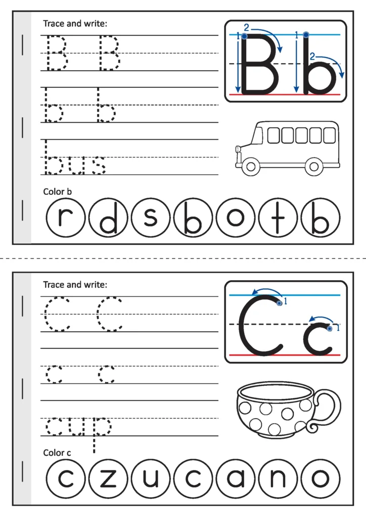 Summer Review Kindergarten Worksheets alphabet booklet pages for letters B and C with tracing practice, bus picture, cup picture, and letter recognition circles