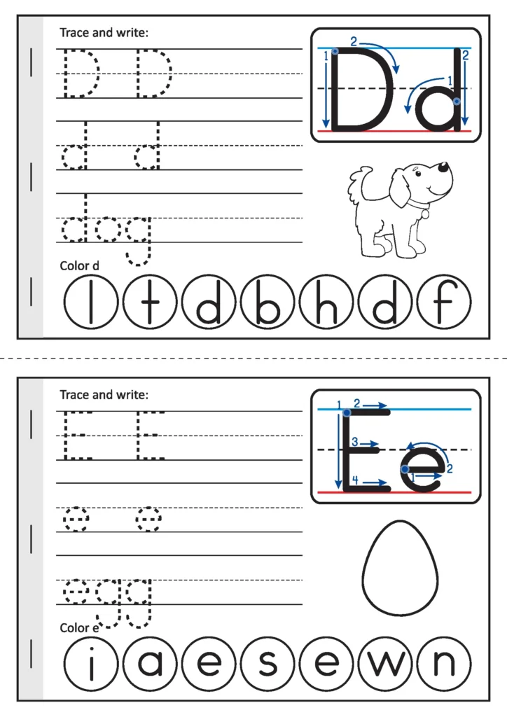 Summer Review Kindergarten Worksheets alphabet booklet pages for letters D and E with tracing practice, dog picture, egg picture, and letter recognition circles
