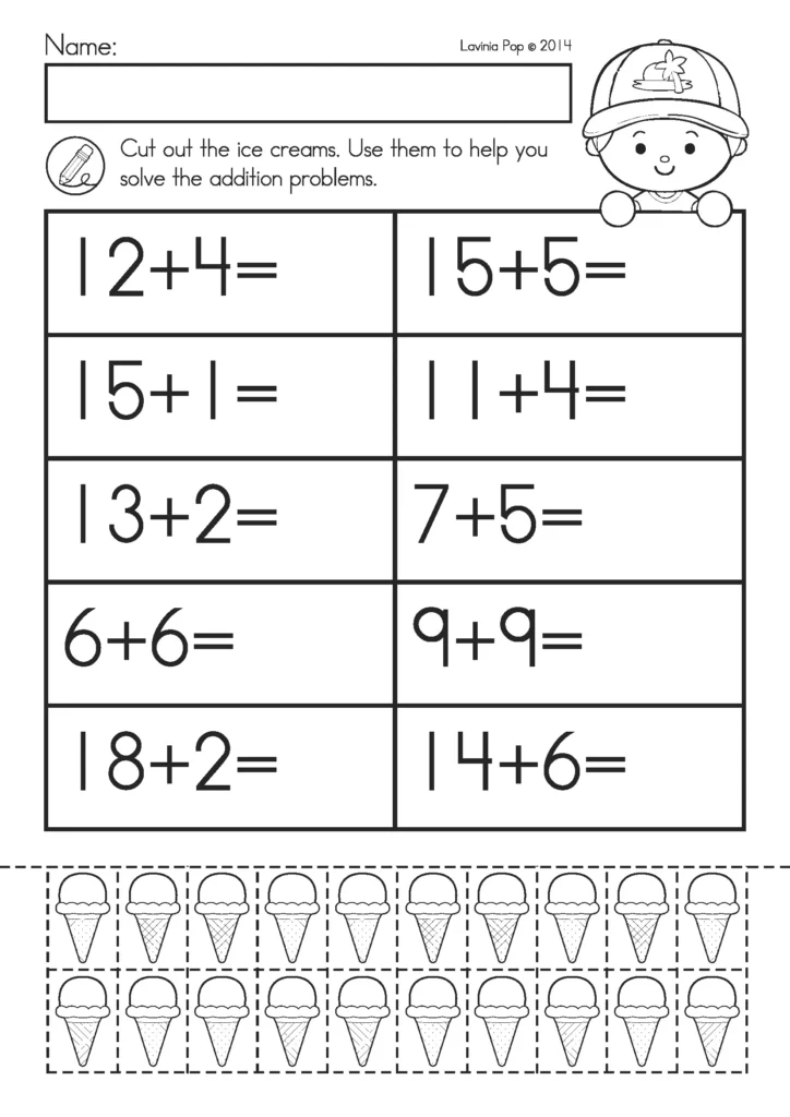 Summer Review Kindergarten Worksheets addition worksheet using cut and paste ice cream manipulatives to solve sums within 20
