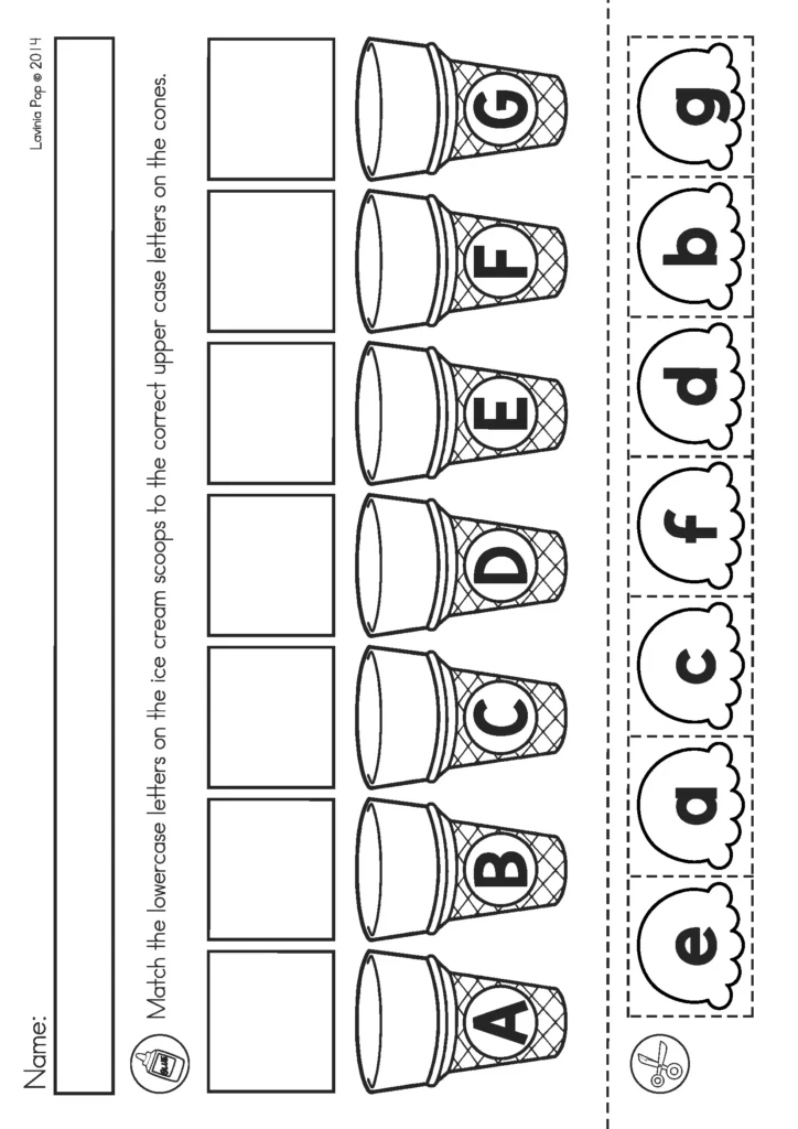 Summer Review Kindergarten Worksheets uppercase lowercase alphabet matching worksheet with ice cream cone letters A to G