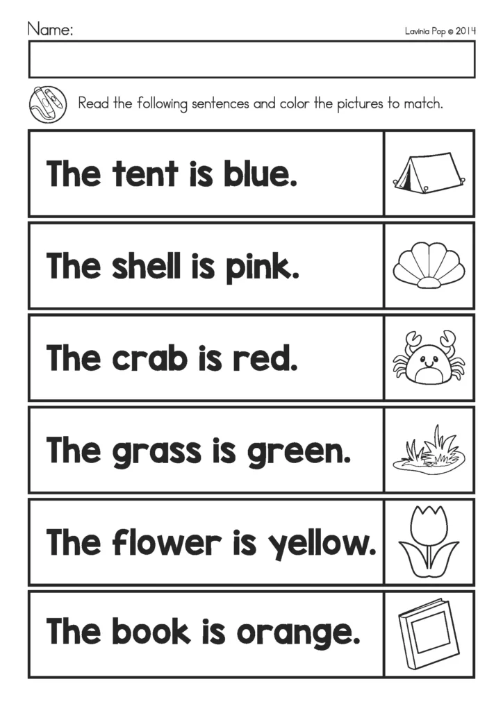 Summer Review Kindergarten Worksheets reading color sentences worksheet with tent, shell, crab, grass, flower, and book pictures