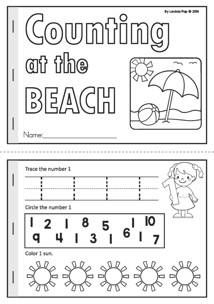 Summer Review Kindergarten Worksheets counting at the beach booklet page for number 1 with tracing, circling number 1, and coloring one sun