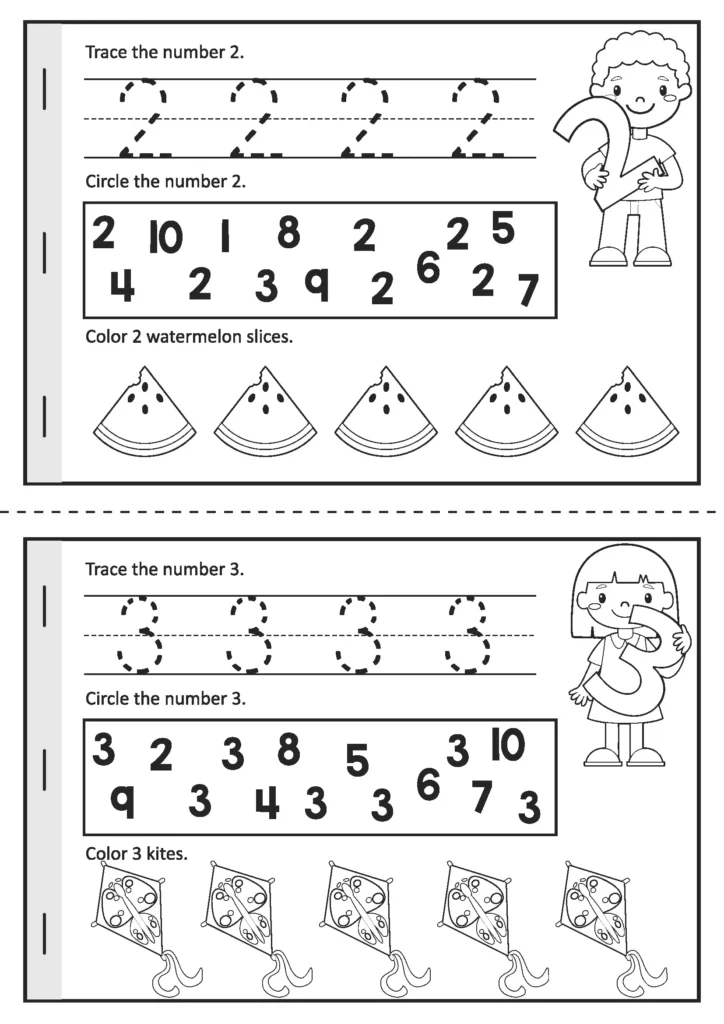 Summer Review Kindergarten Worksheets counting booklet pages for numbers 2 and 3 with tracing, number recognition, and coloring watermelon slices and kites