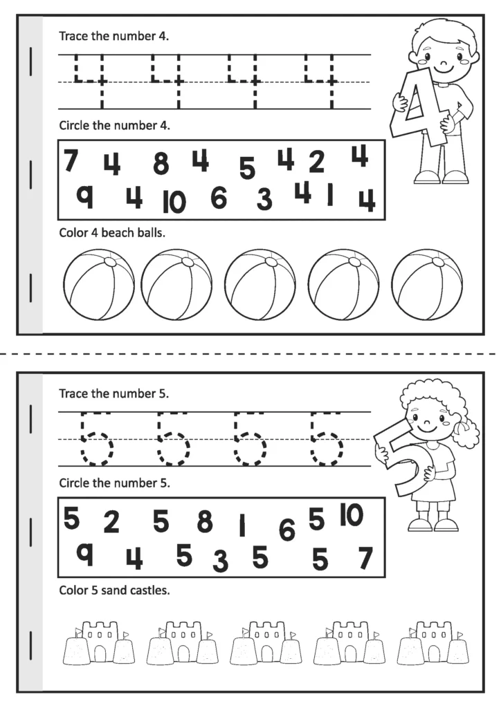 Summer Review Kindergarten Worksheets counting booklet pages for numbers 4 and 5 with tracing, number recognition, and coloring beach balls and sand castles