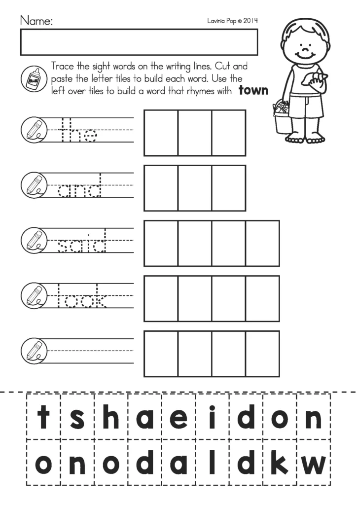 Summer Review Kindergarten Worksheets sight word tracing and cut paste worksheet building sight words and rhyming word with town