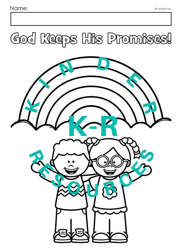 God Keeps His Promises Noah’s Ark lesson coloring page with children under a rainbow