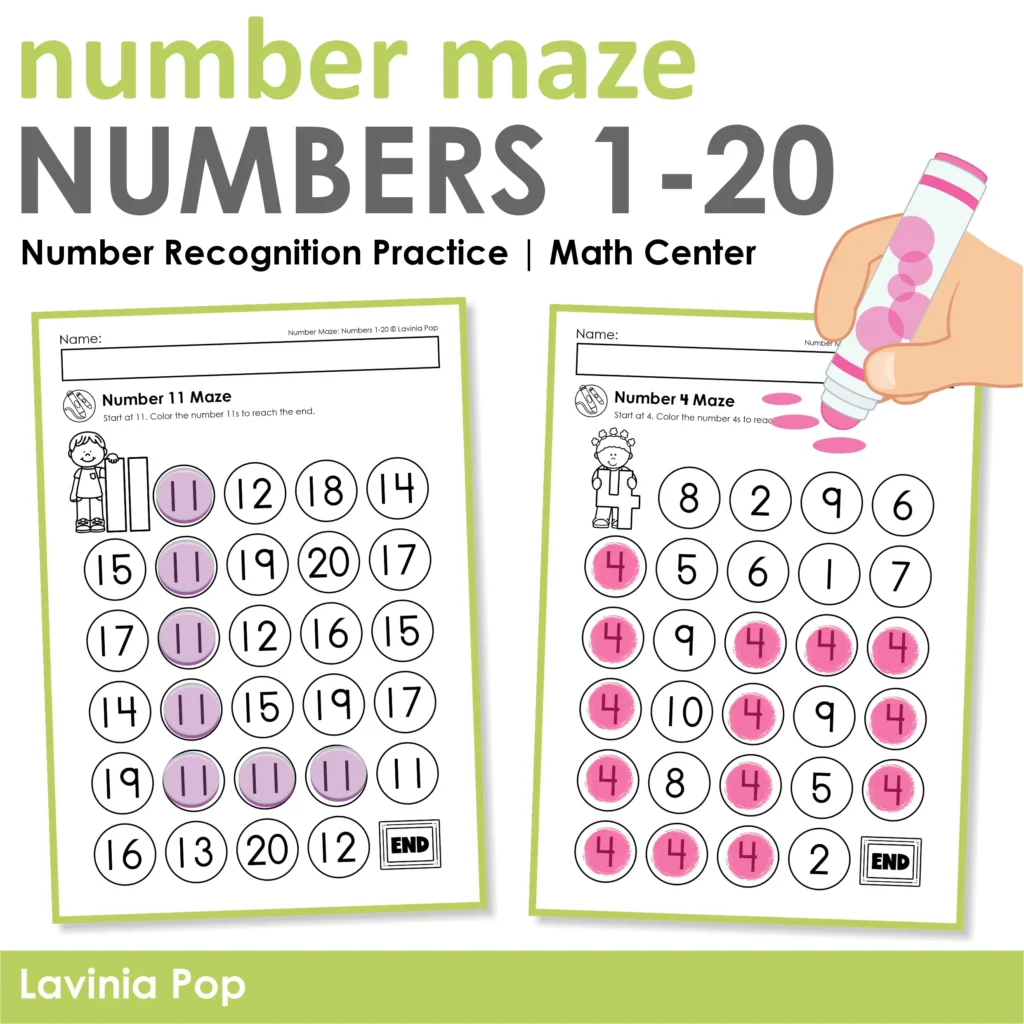 number maze worksheets 1 to 20 for number recognition practice and math center activities in preschool and kindergarten