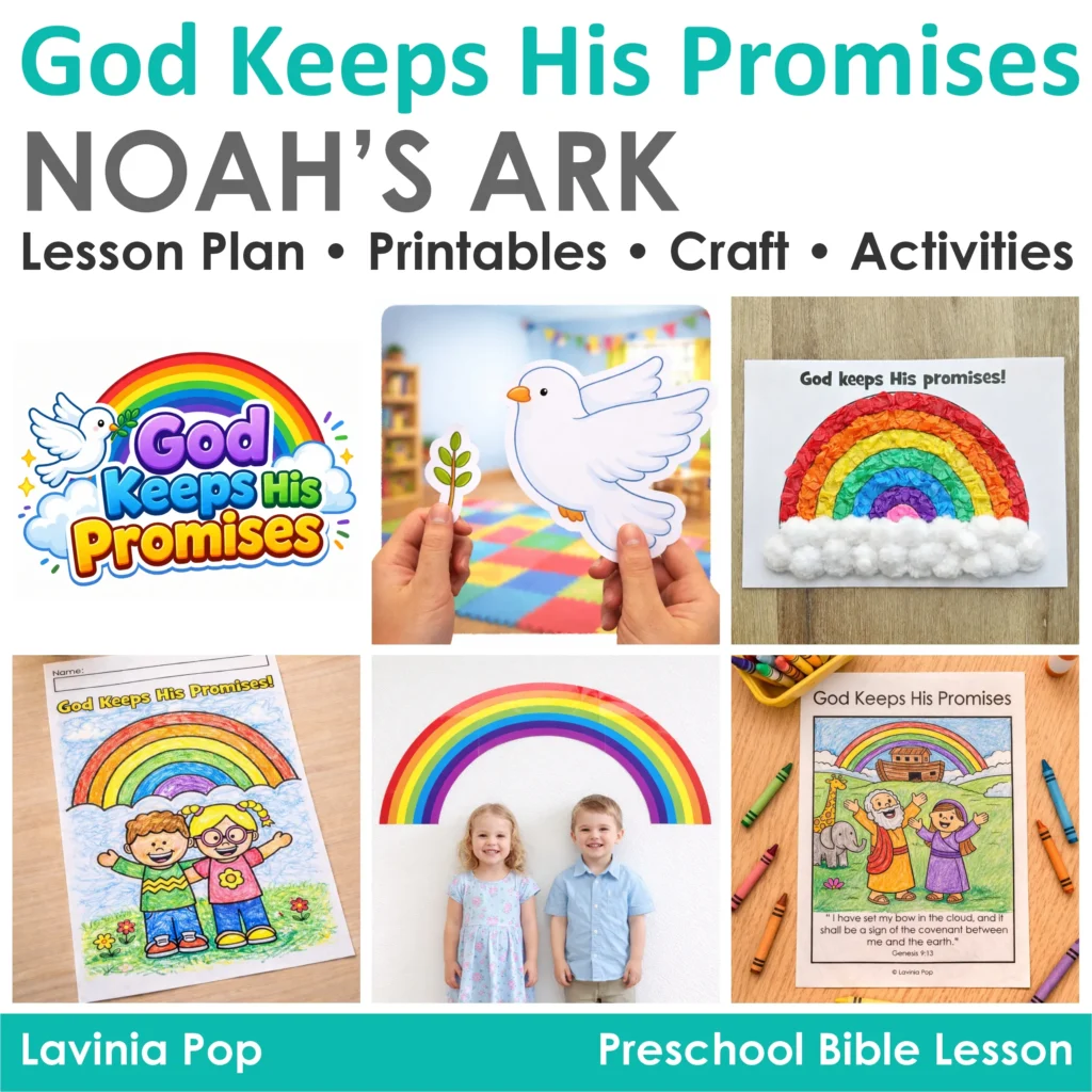 God Keeps His Promises Noah’s Ark lesson printable activities including crafts coloring pages and retelling props