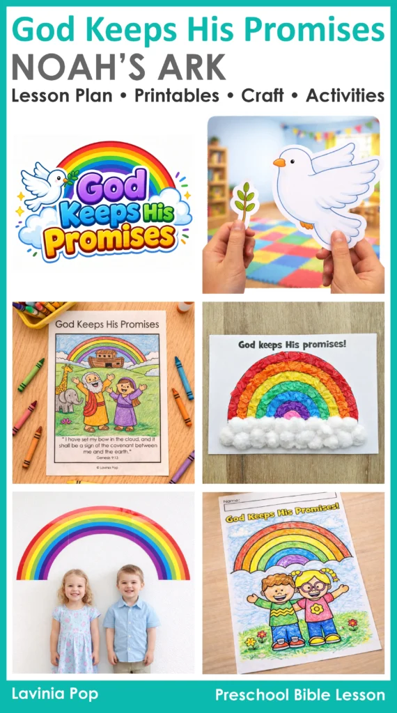 God Keeps His Promises Noah’s Ark lesson resources including rainbow craft dove props and worksheets
