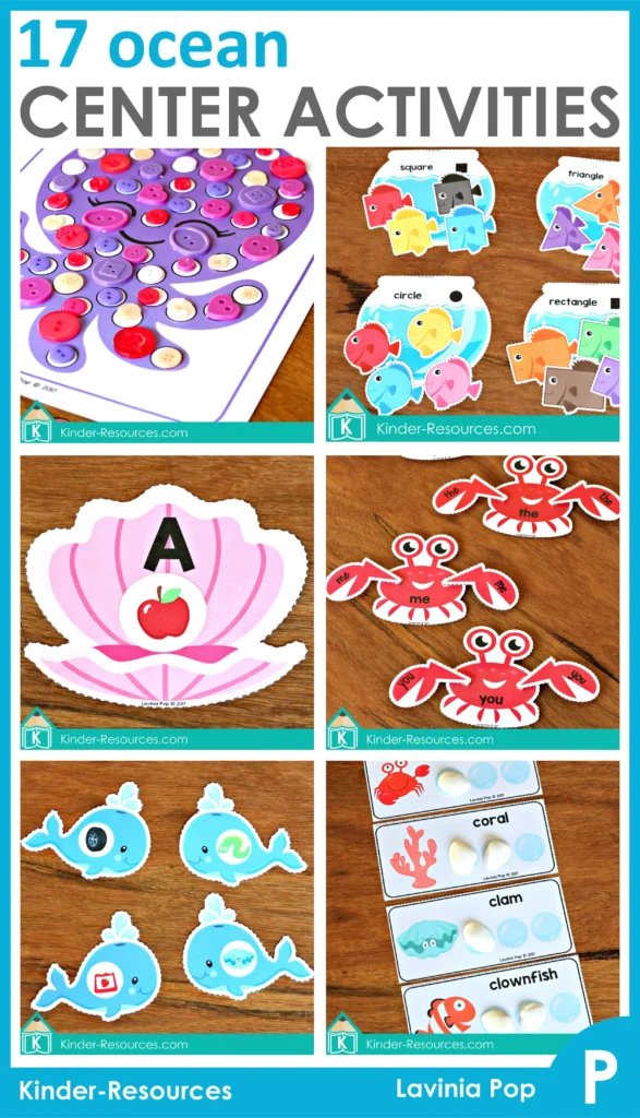 Ocean Centers for Preschool printable center activities bundle with shapes sight words alphabet syllables and matching games