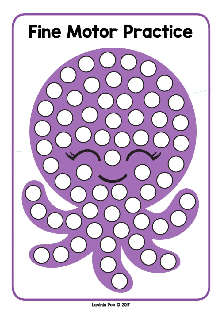 Ocean Centers for Preschool octopus fine motor practice mat with circles for pom poms beads or counters