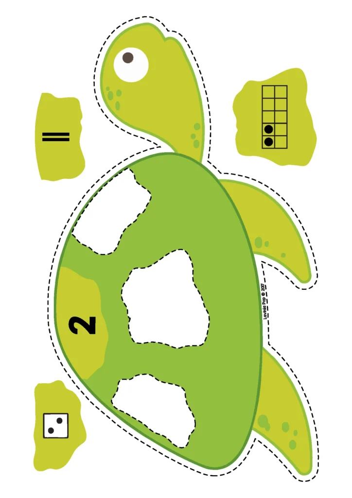 Ocean Centers for Preschool sea turtle number sense activity with numeral 2 dice tally marks and ten frame