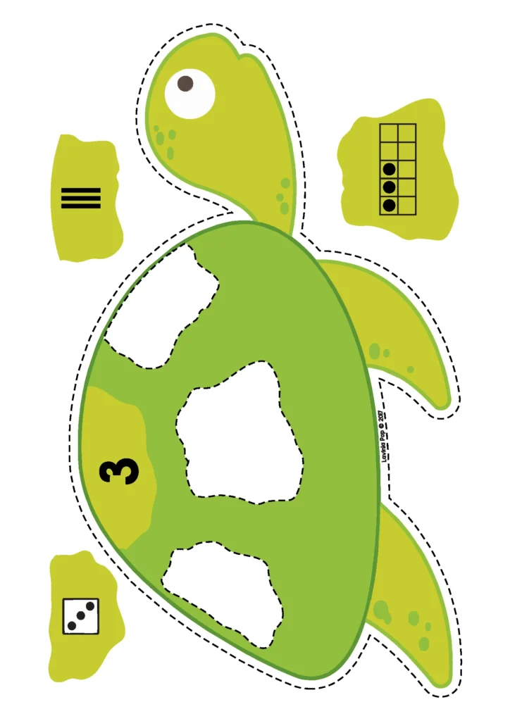 Ocean Centers for Preschool sea turtle number sense activity with numeral 3 dice tally marks and ten frame