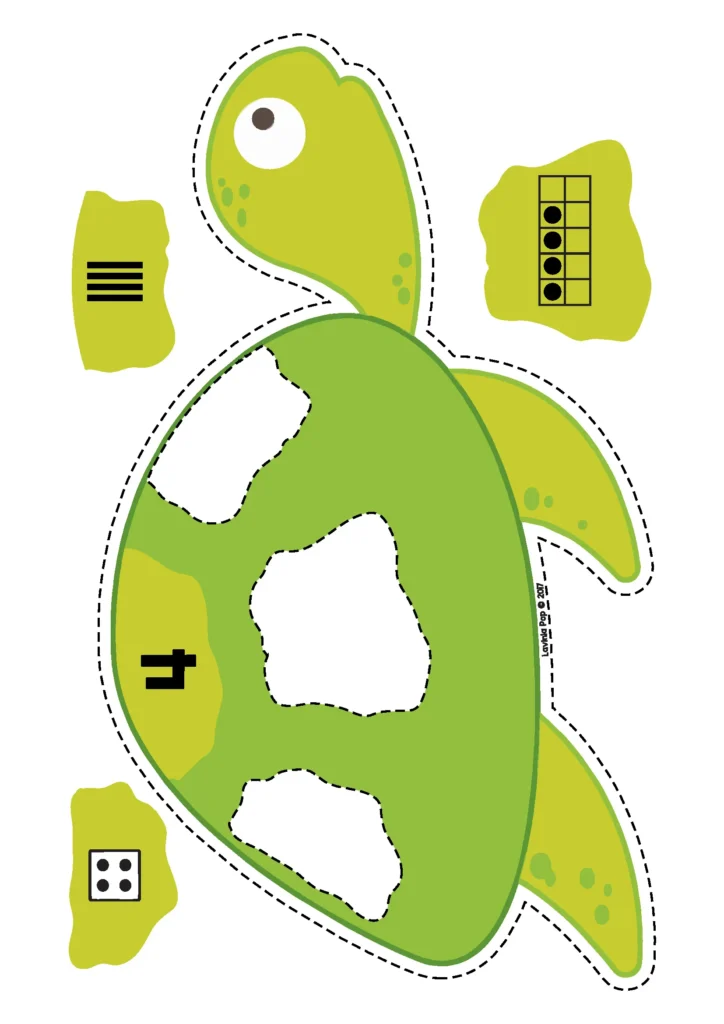 Ocean Centers for Preschool sea turtle number sense activity with numeral 4 dice tally marks and ten frame