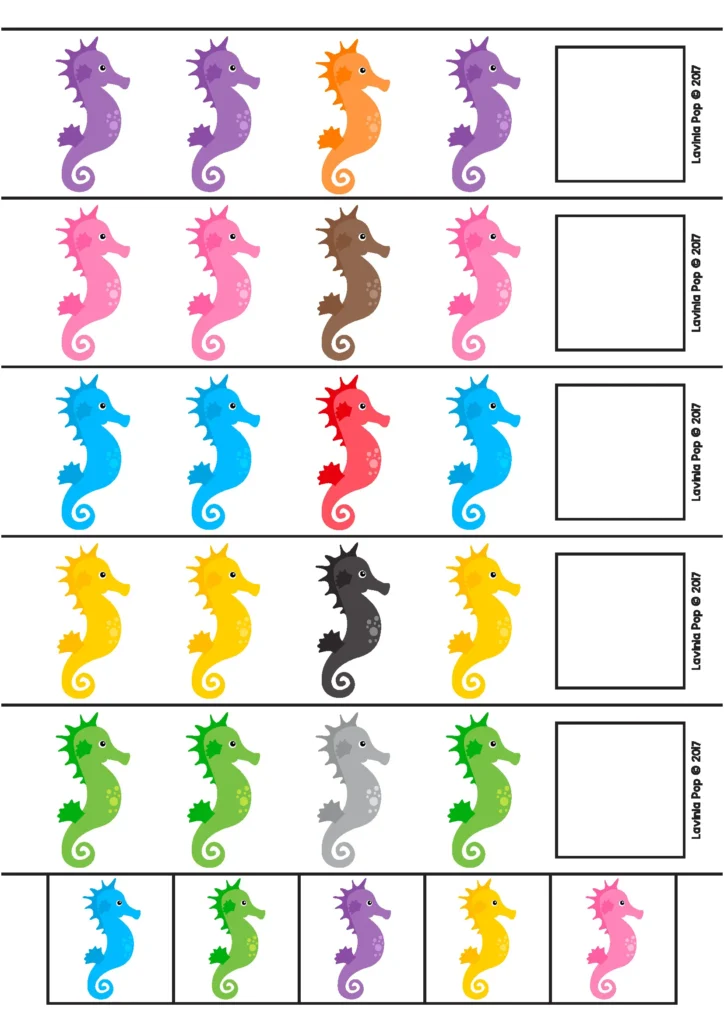 Ocean Centers for Preschool seahorse pattern activity with color pattern strips and matching cards