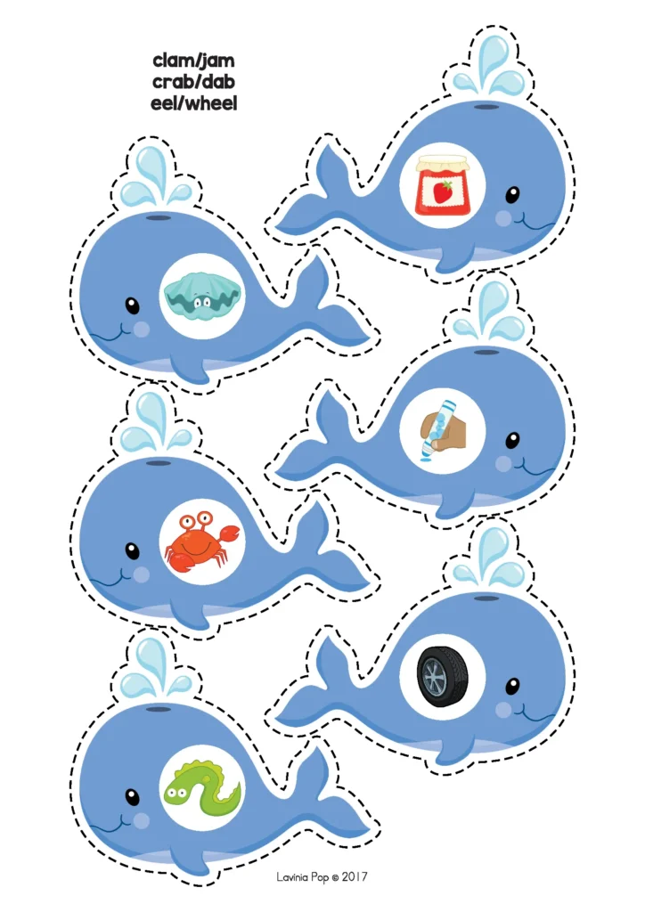 Ocean Centers for Preschool whale rhyming words activity with picture rhyme matching cards