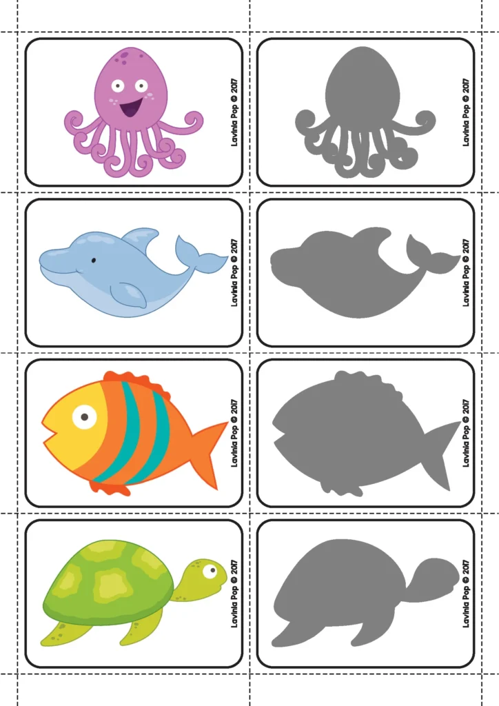 Ocean Centers for Preschool shadow matching activity with octopus dolphin fish and turtle cards
