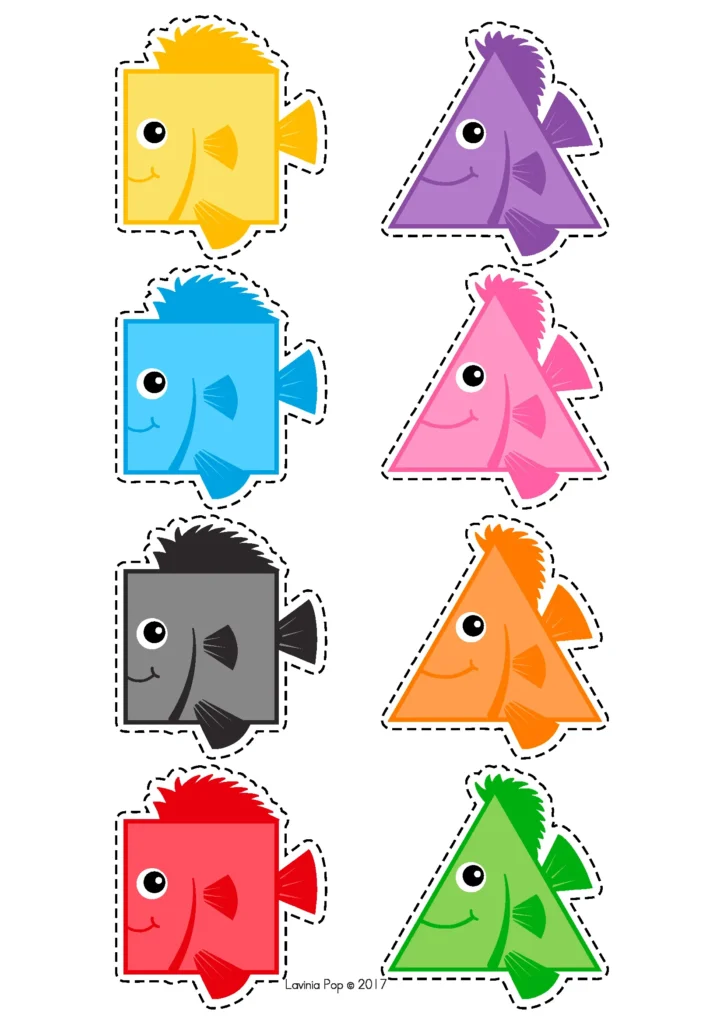 Ocean Centers for Preschool fish shape sorting activity with square triangle and shape fish cards