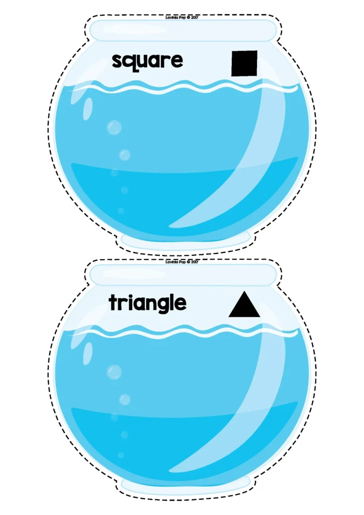 Ocean Centers for Preschool fish bowl shape sorting mats labeled square and triangle for matching fish cards