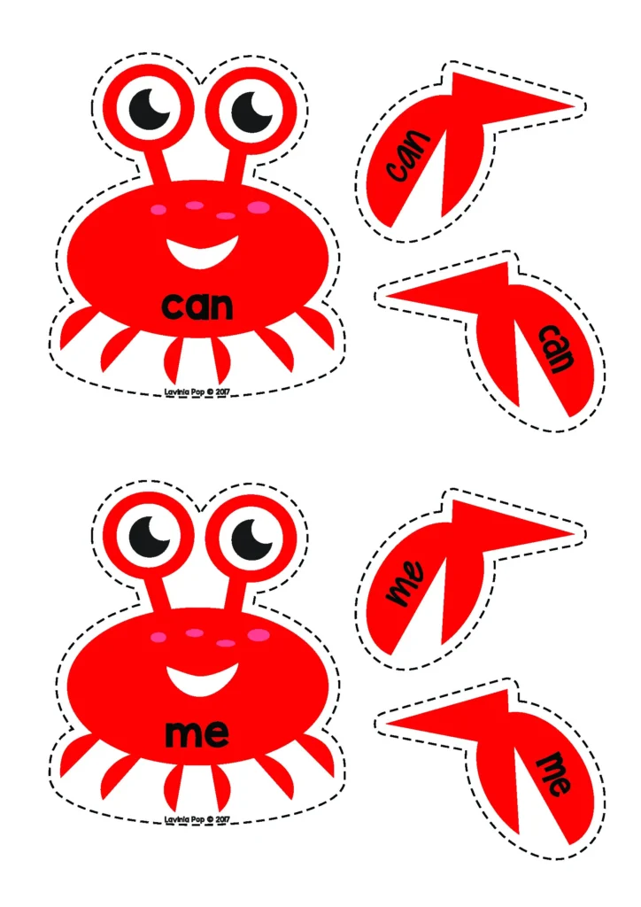 Ocean Centers for Preschool crab sight word center with can and me words and matching claws