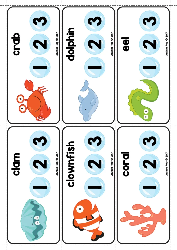 Ocean Centers for Preschool syllable counting cards with crab dolphin eel clam clownfish and coral words