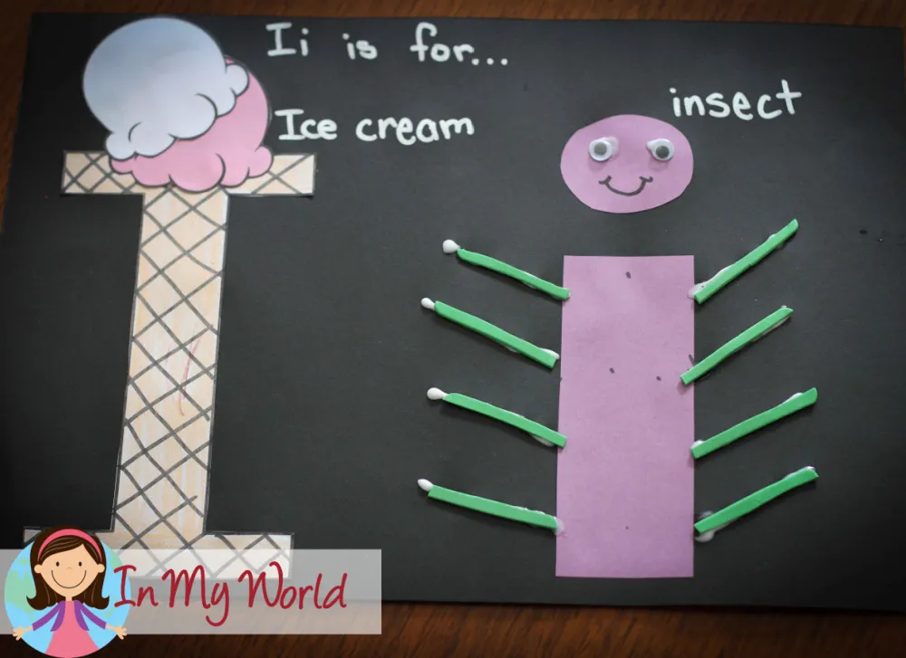 Preschool Letter I activities craft with ice cream and insect to reinforce beginning sounds and letter recognition